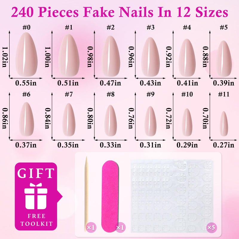 LuckForever 240pc Petal Pink Press on Nails Almond Fake Nails with Adhesive Tabs, Medium Almond Nails Press ons Medium Glue on Nails Acrylic Nails Stick False Artificial Fingernail for Women Girls - Image 3